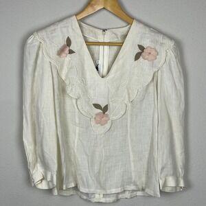 Vintage Liberty Lucrezia Linen Top Size 6 Cream‎ Embroidered Ruffle Cottagecore